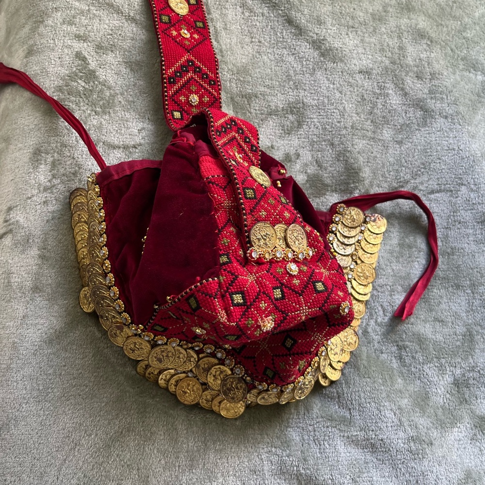 Traditional Red Embroidered Coin Accent Headpiece - Picture 2 of 4